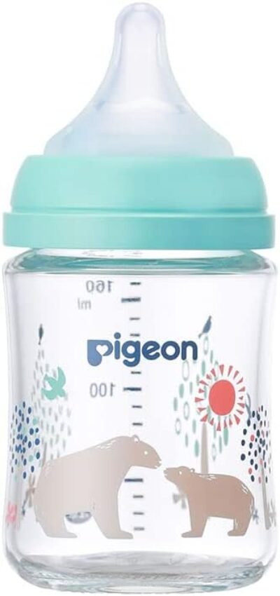 ピジョン母乳育児ボトル、5.4 fl oz(160 ml)、0か月以上、耐熱性クイッククーリングガラス、クマ、スクラッチ耐性、衛生的