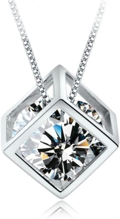 グラムジュエリーレディースキューブキューブネックレス、プラチナ仕上げ、低アレルギー性、キュービックジルコニア、925シルバー、プレゼント、ガールフレンド、スターリングシルバー、キュービックジルコニア