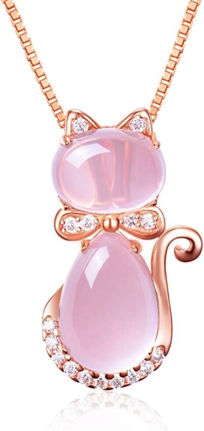 アロモニピンクオパールネックレス猫ラビットデザインキュービックジルコニアCZダイヤモンドピンクゴールドチェーンシルバー925ピンクオパールの長さ17.7インチ（45 cm）、ジルコニア、シルバー、キュービックジルコニア|パール|ダイヤモンド|オパール