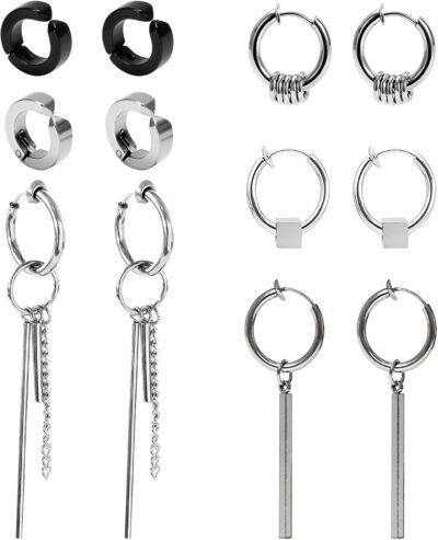 Tiszink Earrings、Men’s、Ear Cuffs、Fake Earrings、Unisex、非穴イヤリング、人気、銀、黒、ユニセックス、両方の耳、低刺激性、6ペア、12ペア、12ペア、保管ポーチが含まれている、ステンレスレス