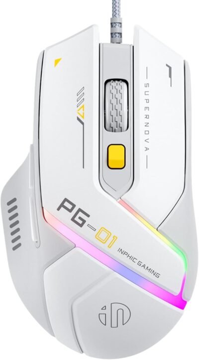 INPHIC 人間工学に基づいた有線ゲーミングマウス、12800 DPI、6 つのプログラム可能なボタン、14 モード RGB バックライト、高精度、ホワイトとグレー