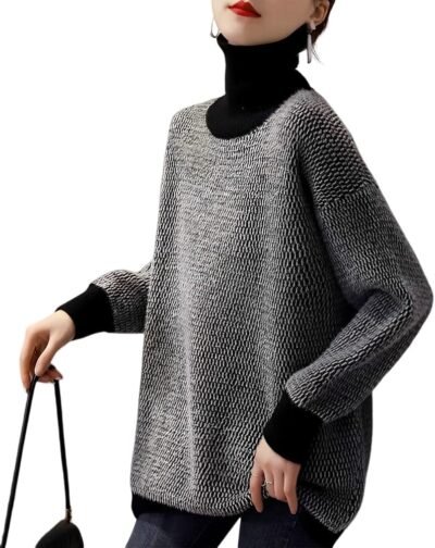 [UQQA]ハイネック ニット セーター トップス バイカラー配色 レディース