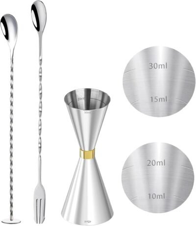TUPMFG ジガーカップ 目盛り付 30/45ml カクテルシェーカーセット 計量カップ 18-8 ステンレススチール 鏡面仕上げ バースプーン フルーツ挽き バーテンダー (メジャーカップ + 両用スプーン + フルーツ挽き) (セット)