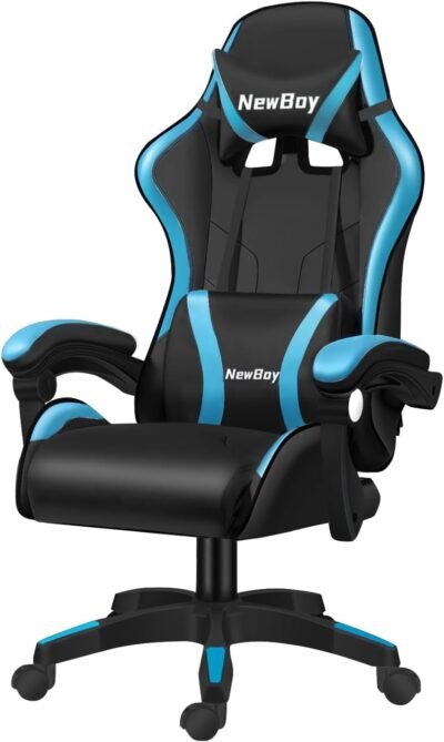 Pikpokゲームチェア、PCチェア、デスクチェア、ゲームチェア、リクライニングチェア、コンピューターチェア、ハイバック、ヘッドレスト、腰部サポート、アームレスト、調整可能な高さ、PUレザー(スポーツカー、黒と青)