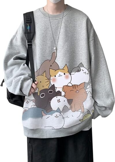 ANZNメンズ長袖スウェットシャツTシャツ、スウェットシャツ、トップ、ソリッド、ルーズ、猫のロゴ、面白いシャツ、かわいい、大きな丸い首、かわいい、スタイリッシュ、春、秋の服