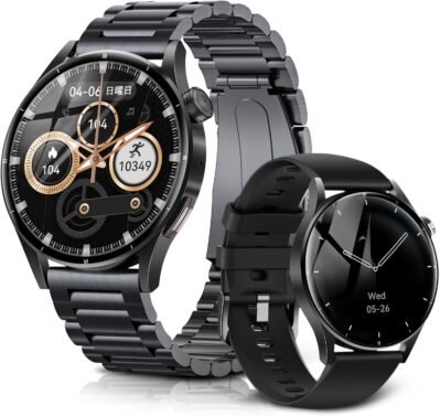 FOSMET QS40ラウンドメンズスマートウォッチ、1.43インチAMOLEDディスプレイ、サファイアグラス、スマートウォッチ、iPhone&Android互換、Bluetooth 5.3、コール機能、IP68防水、長期継続バッテリー、メッセージ、メッセージ