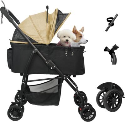ミラ&ルイのペットカート、分離タイプ、ペットバギー、ワンタッチ折りたたみ、小型犬用、前輪360°リアホイールブレーキ、軽量犬ベビーカー、中犬、猫、複数の頭、4輪、取り外し可能、