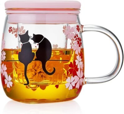 Pokalotea耐熱性ガラスティー注入器マグティー注入器透明な桜の猫カップ色の色の変化桜の花