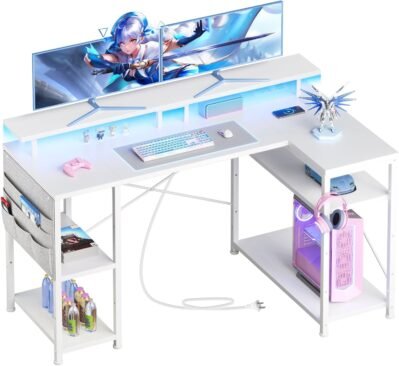YeTom L字デスク LEDライト付き ゲーミングデスク パソコンデスク ゲーミングデスク ホワイト 130cm PCデスク コーナーデスク 棚高さ調整可能 収納袋付き L字型PC 学習机