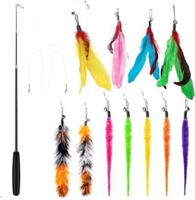 14個の猫のおもちゃ、Colichili Natural Feather Toy、11の交換用羽、2枚の交換用釣り糸、吊り下げペット商品、猫用品