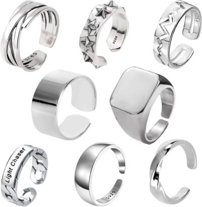 Tiszink Men’s Ring、8ピースセット、アクセサリー、ファッションリング、ワンサイズフィット、シルバー、ダブルリング、スタイリッシュ、シンプル、合金、リング、セット、調整可能、人気、アクセサリー、ギフト、ステンレス鋼