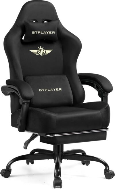 GTPlayer GT829ブラックゲーミングチェア、スムーズベロア、デスクチェア、オフィスチェア、アグラチェア、ゲームチェア、ゲームチェア、リクライニング、ハイバック、テレワークチェア、PCチェア、フットレスト、インターロックアームレスト、ポケットコイル、シート