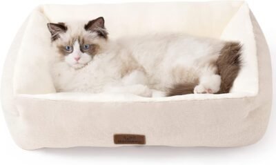 Hansleep ペットベッド 猫/犬用ベッド 冬 ふわふわクッション リバーシブル 快眠 猫/中型犬用 オールシーズン ペット用品 サイズ(縦60×横50×高さ) 15cm)、ベージュ
