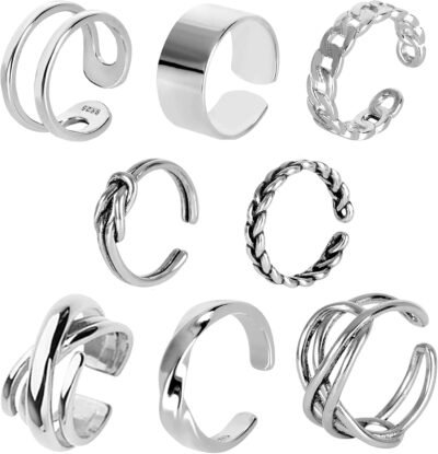 メンズリング 8本セット リング ファッションリング シルバー 合金 フリーサイズ(調節可能) おしゃれ アクセサリー シンプル チェーンリング プレゼント