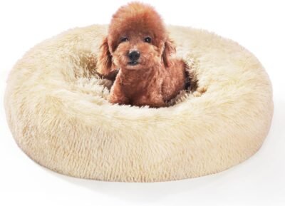 猫と小犬用のオヤンテンペットベッド、クッション、丸い、柔らかくてふわふわ、ドーナツ、サウンドスリープ、洗える、一年中、ペット用品、23.6インチ(60 cm)、ベージュ