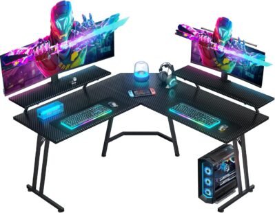 hlfurnitureゲーミングデスク、L字型デスク、幅51.2インチ(130 cm)、PCデスク、コーナーデスク、オフィスデスク、ホームワーク、スタディルーム、スペース節約、大型オフィスワークデスク、ブラック、イージーアセンブリ(L+X)