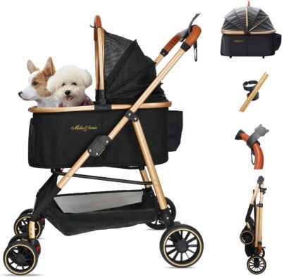 MILA&LOUIS ペットカート 脱着式 軽量 4輪 耐摩耗PUホイール 犬用カート 飛び出し防止 犬用 バギー ワンタッチ 折りたたみ式 ペットバギー フロント衝撃吸収 汎用