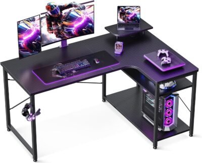 ODK ゲーミングデスク パソコンデスク 幅110cm L字デスク 机 PCデスク 棚付き オフィスデスク ワークデスク 在宅勤務 L字 ゲームデスク 組立簡単 右棚カーボンブラック