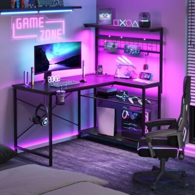 Bestier ゲーミングデスク L字デスク 幅107cm Type C対応 パソコンデスク PCデスク ラック付き オフィスデスク ゲームデスク LEDライト 学習机 ワークデスク 在宅通勤 カーボン