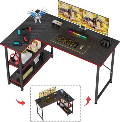 Victone Gaming Desk、L字型デスク、コンピューターデスク、42.1インチ(107 cm)、幅42.1インチ(107 cm)、勉強用の机、収納、ワークデスク、ゲーム型デスク、ワークデスク、オフィスデスク、コーナー