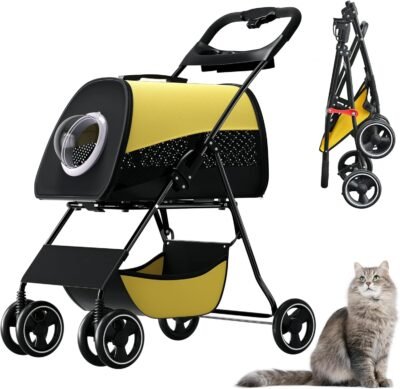 OSJペットカート、個別のタイプ、ペットバギー、軽量、コンパクト、多機能、猫と犬用のワンタッチベビーカー、3方向の折りたたみ、4輪、前輪360°回転、リアホイールブレーキ、防止
