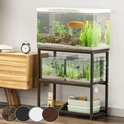 デューエル水族館スタンド、幅25.6 x深さ11.8 x高さ25.6インチ(65 x 30 x 65 cm)、総負荷容量:約341.3ポンド(155 kg)、3レベル、中央棚の調整可能な高さ、フック、アジャスター、