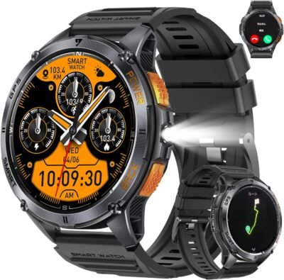 Smart Watch(2025 New Release; GPS; 1.43インチAMOLED大画面、懐中電灯が含まれ、軍事基準)、スポーツウォッチ、衝撃プルーフ、GPS運動軌跡録音、一定のディスプレイ、腕時計、