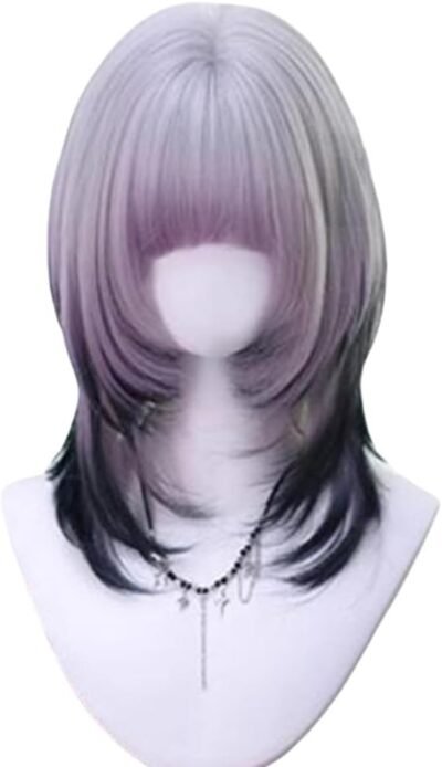 ウィッグ、オオカミカット、半長、ストレート、紫、灰色、勾配、ミディアムウィッグ、女性のかつら、巻き毛、ロリータ、ハラジュクメッシュ、イメチェン、小さな顔、自然、耐火、毎日