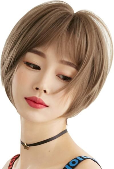 フルウィッグショートバング3Dグラデーションヘアアレンジメントネックラインボリュームカールストレート渦巻き耐火自然ボリューム損失感(ミルクティーブラウン)