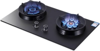 ガスストーブトップ、強化ガラス2バーナーガスストーブ、ホームキッチンRVSアパートカウンター屋外、掃除が簡単、黒