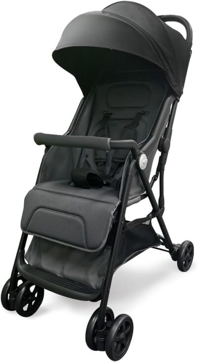 アイリスプラザB字型ベビーカー、ベビーカーは、折りたたみ、軽量、5ポイントのシートベルト、ステップレスリクライニング、バスケット、ブラッククロム後に独自に立つことができます