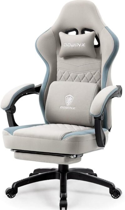 Dowinxのゲームチェア、椅子、布地、オスマン帝国の冷却ジェルシート、オスマン、オフィスチェア、コンピューターチェア、フットレスト、デスクチェア、ゲーム、布、ポケットコイル、PCチェア、ハイバック、快適な座り、灰色