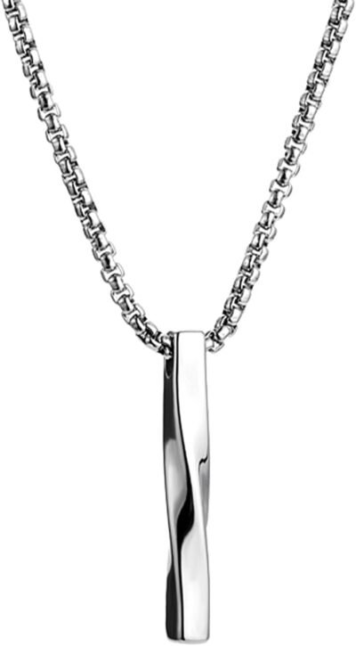 Zhejia Men’s Necklace、人気のペンダント、ステンレス鋼、シンプル、ねじれ、スティックペンダント、銀、ステンレス鋼、宝石なし