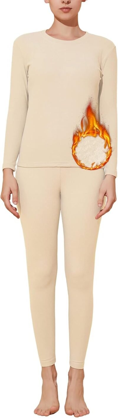 [HIBETY] 暖かい内側の女性ヒートテックトップアンドボトムセットサーマルアンダーウェア、長袖シャツ、長いズボン、サーマルインナーシャツ、冬の温かい