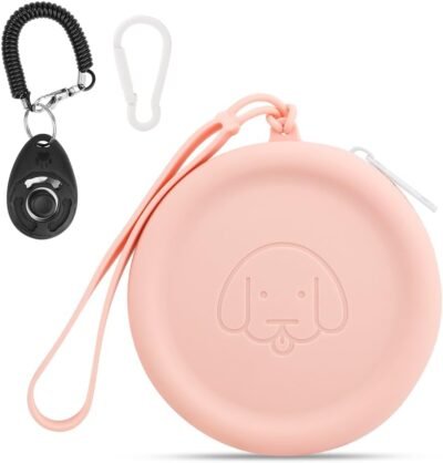 シリコントリートポーチ、犬のトレーニング用品、2個のピースポケットサイズ、きれいなジッパーのデザイン、水分防止、防水犬の歩行者、持ち運びが簡単な犬猫のペットウォーキングバッグ(ピンク)