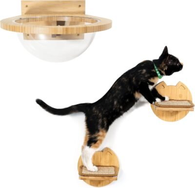 ヤンバガ木製猫ベッド3パックの壁マウントキャットウォーク-2猫ステップ+1透明な宇宙船猫ステップ
