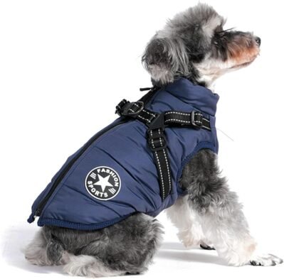 Koramaku 2024冬の犬の服、統合されたコットンコート、ハーネス、バックオープニング、スタイリッシュ、けん引、夜は反射的、暖かさ、ペット、猫、犬、冬、小型犬、中犬、簡単な犬が付いています