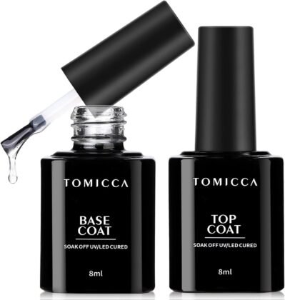 トミッカジェルネイルトップコート、ベースコート、0.3 fl oz（8 ml）、2のセット、ノンワイピング、ワイピングなし、大容量、UV/LED互換性