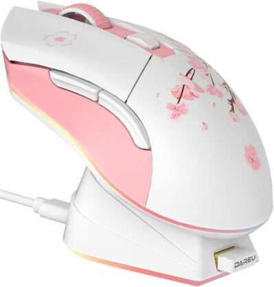 Dareu EM901Xワイヤレスゲーミングマウス、桜 /ピンク、ワイヤレス、0.08オンス(2.4 g) /有線USB接続、超軽量3.0オンス(85 g)、人間工学に基づいたかわいい桜12,000 dpi充電ドック付き12,000 dpi