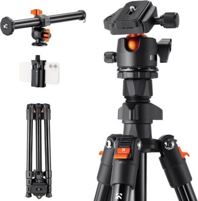 K&Fコンセプトカメラ三脚、コンパクト、ウルトラ軽量、延長ポール、中央軸、4レベル、63.0インチ(160 cm)、360度回転、1/4 “クイックリリース、マクロフォトグラフィー、0.9インチ(22 mm)(22 mm)