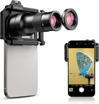 [Telephoto / Macro Integrated] Apexel 6xスマートフォン望遠レンズ、5.9インチ（150 mm）スマートフォンマクロレンズ、耐久性のあるポータブル望遠レンズ、HD光学レンズ、マクロレンズのキャプチャビデオ、