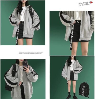 Eolluka Women’sパーカー、3色、特大のフロントジップ、2ライン、ルーズトップ、長袖、春、秋、薄い、ふわふわ、ユニセックス