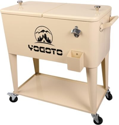 ヨゴトカートタイプのクーラーボックス、ローリング、22.6ガロン(80 L)、キャンプ、大型クーラーボックス、屋外使用、スチールフォームクーラー、ボトルオープナー、トレイが含まれている、ローリングホイール、長時間のコールド保持、大規模