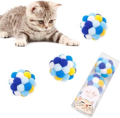 屋内猫、猫のおもちゃ、子猫のおもちゃ、インタラクティブボール、猫の色の弾力性ボール、ビルトインベルの猫ポンボール、運動不足、猫を演奏するための運動不足、一人で遊ぶ、3のセット(青)