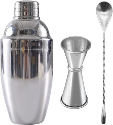カクテルシェーカー、16.9 fl oz(500 ml)、測定カップ、16.9 fl oz(30 ml)、45 ml、段階的な測定カップ、バースプーン、7.9インチ(20 cm)、マッドラーバーウェア、バーテンダー、バーツール、0.03インチ( 0.8 mm)、厚い