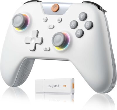 easysmxワイヤレスpcコントローラー、x05ゲーミングコントローラー、7色ライト、5つのライトモード -ホールジョイスティック -ホールトリガー -750 mah充電式バッテリー搭載、pc/switch/モバイル対応(ホワイト)