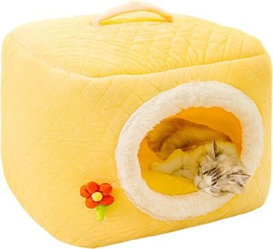 屋根付き猫ベッド、犬ベッド洞窟 -折りたたみ式フード付きペットベッド -密閉型猫の巣家具、犬テントペットアクセサリー、屋内子猫小型犬用の厚みのある睡眠ベッド