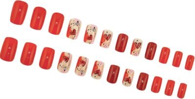 バレンタインデイネイルプレスオンネイルイングリッターハートデザインスクエアフェルデールマニキュアネイルデコレーション24％