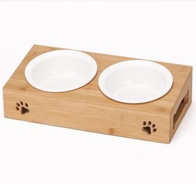 Insvogキャットフードボウル、ペットの食器、餌板、陶器、皿、竹の食事テーブル、ベイトテーブル、水を飲む人、キャットフードラック、皿スタンド、ライスプレート、セラミックライスプレート、15度の角度、食べやすい、食べやすい、