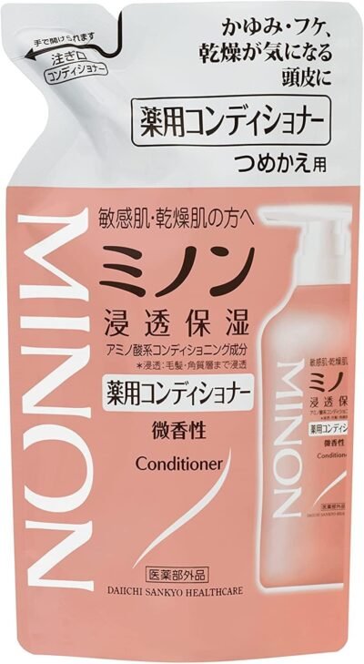 ミノン薬用コンディショナー、詰め替え、13.8 fl oz(380 ml)コンディショナー、敏感肌、かゆみ、ふけ、保湿、抗乾燥、弱酸、低酸性、準麻薬